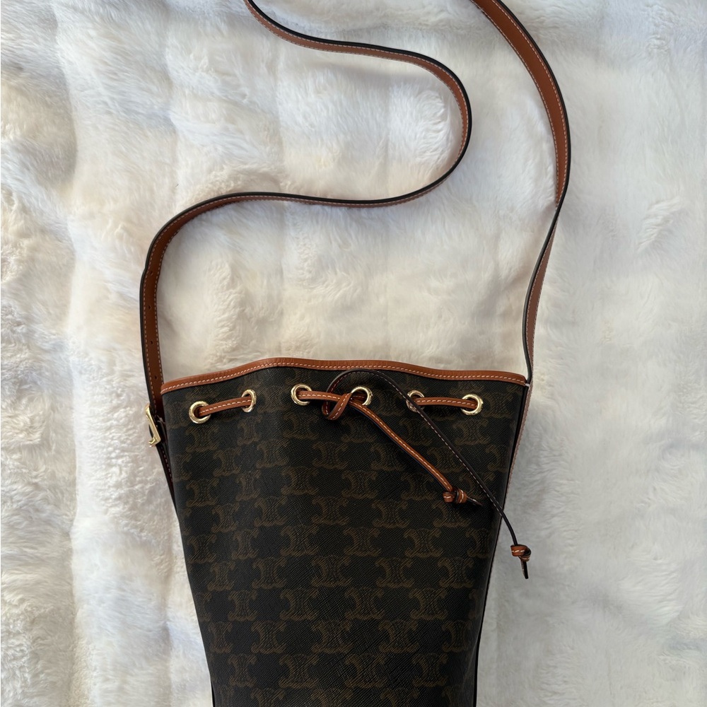 Celine Triomphe Canvas Calfskin Small Drawstring Bucket Bag
